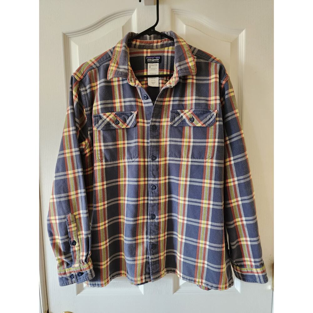 Patagonia Mens Organic Cotton Flannel Plaid Button Down Shirt Blue Orange L